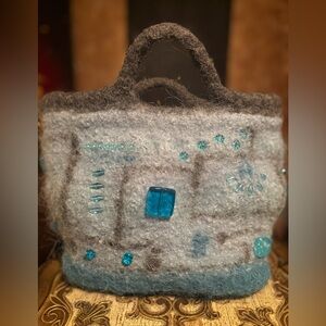 Uniquely Handcrafted One-of a-Kind Blue/Grey Mohair Beaded Women's Handbag